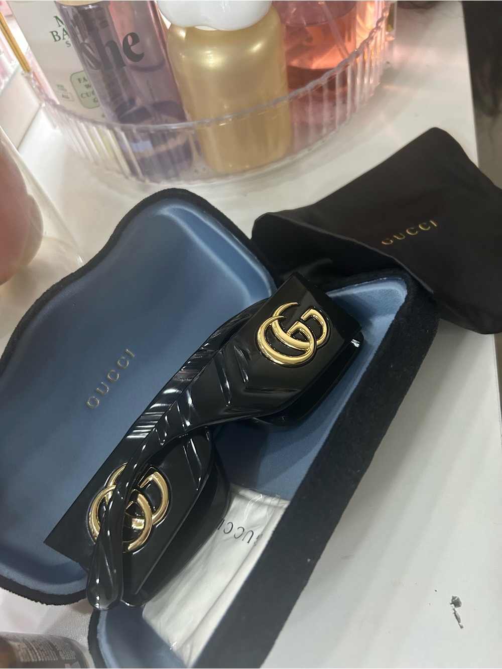 Gucci Black Patent Slide Sandals with Gold Double G